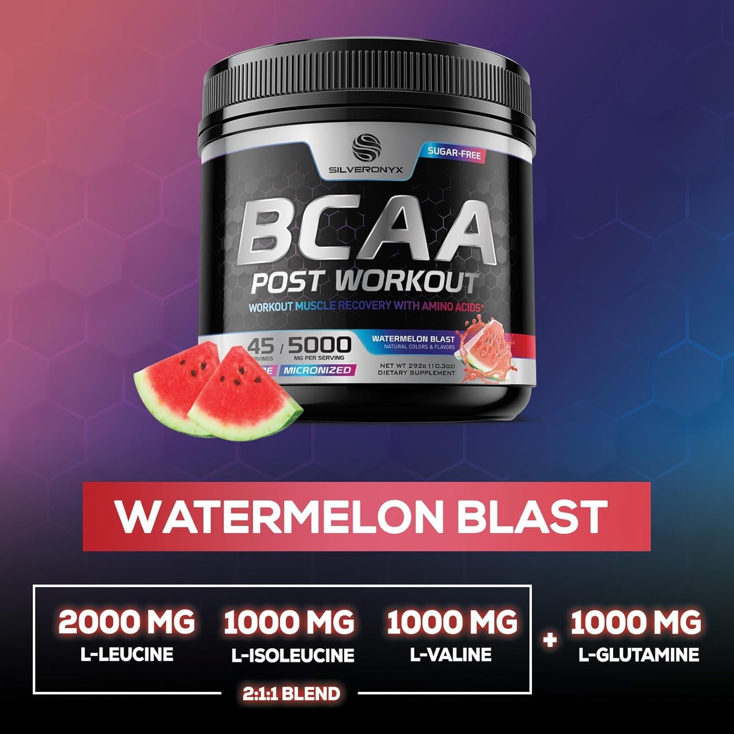 Watermelon Flavored Amino Muscle Recovery Powder with BCAAs - Energy Mix for Post-Workout - 45 Servings
