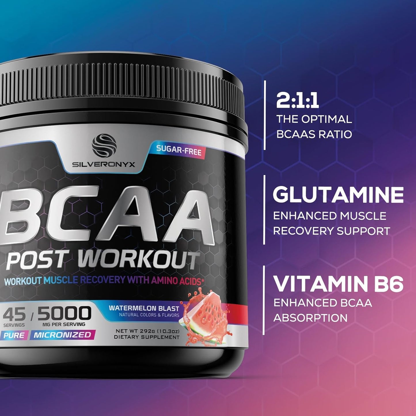 Watermelon Flavored Amino Muscle Recovery Powder with BCAAs - Energy Mix for Post-Workout - 45 Servings