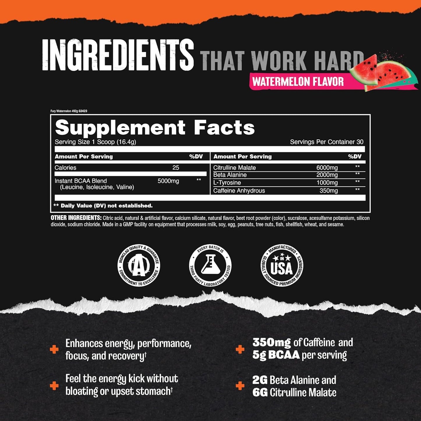 Watermelon Flavored Animal Fury Pre Workout Powder - Energy and Focus Supplement with BCAAs and Caffeine - Nitric Oxide Booster for Men and Women - 30 Servings