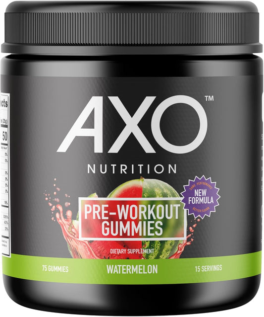 Watermelon Flavored AXO Nutrition Pre-Workout Energy Gummies - 75 Count, Vegan & Non-GMO with Caffeine, B12, and L-Theanine