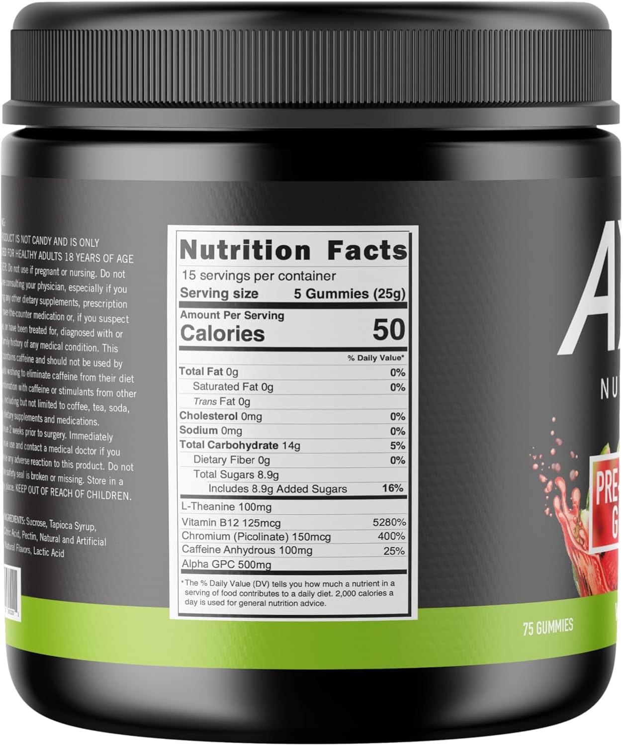Watermelon Flavored AXO Nutrition Pre-Workout Energy Gummies - 75 Count, Vegan & Non-GMO with Caffeine, B12, and L-Theanine