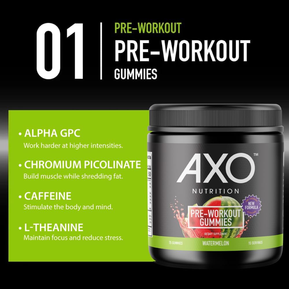 Watermelon Flavored AXO Nutrition Pre-Workout Energy Gummies - 75 Count, Vegan & Non-GMO with Caffeine, B12, and L-Theanine
