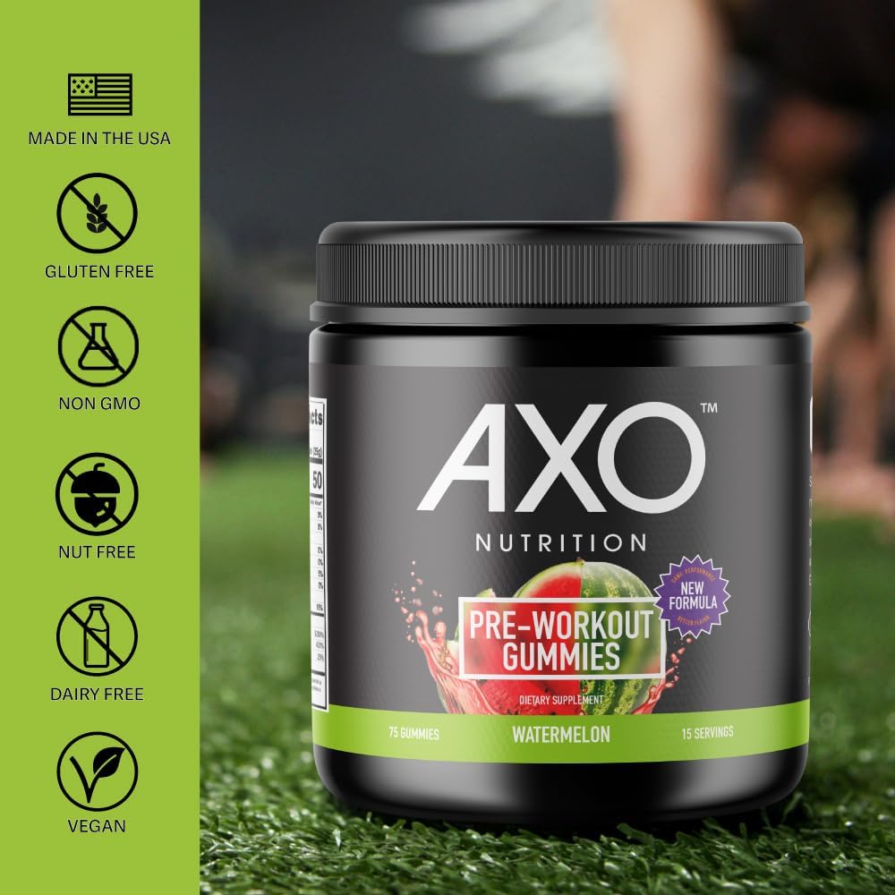 Watermelon Flavored AXO Nutrition Pre-Workout Energy Gummies - 75 Count, Vegan & Non-GMO with Caffeine, B12, and L-Theanine