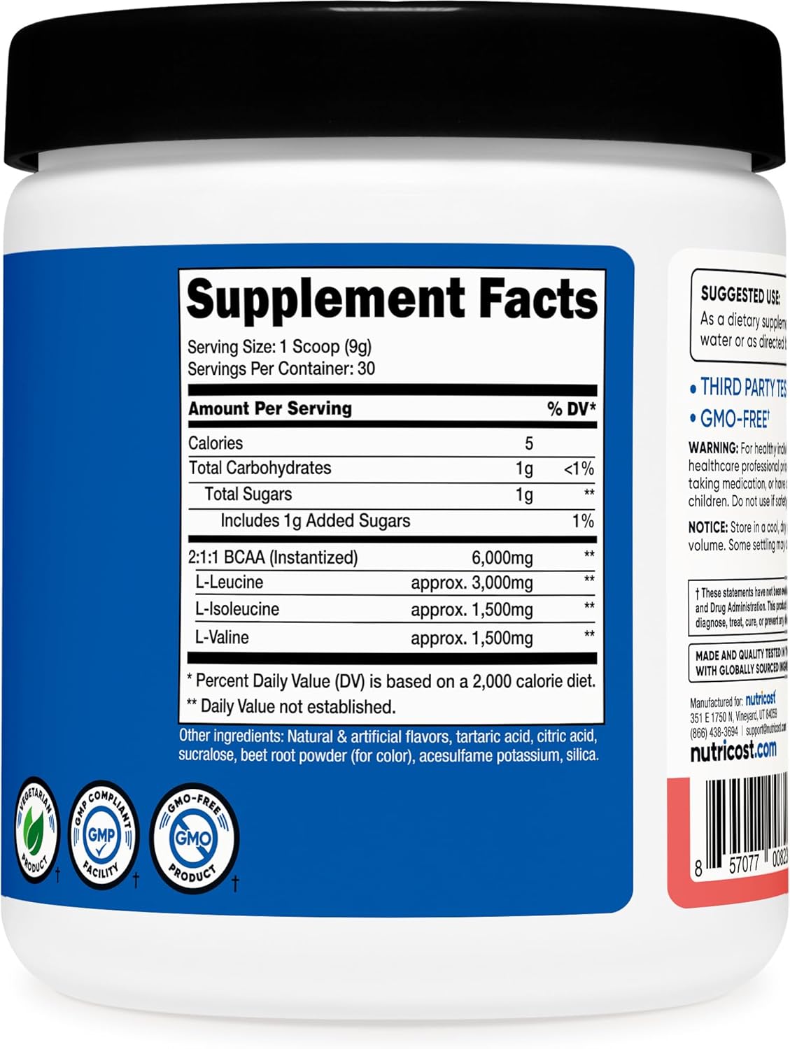 Watermelon Flavored BCAA Powder by Nutricost - 30 Servings, 2:1:1 Ratio for Optimal Results