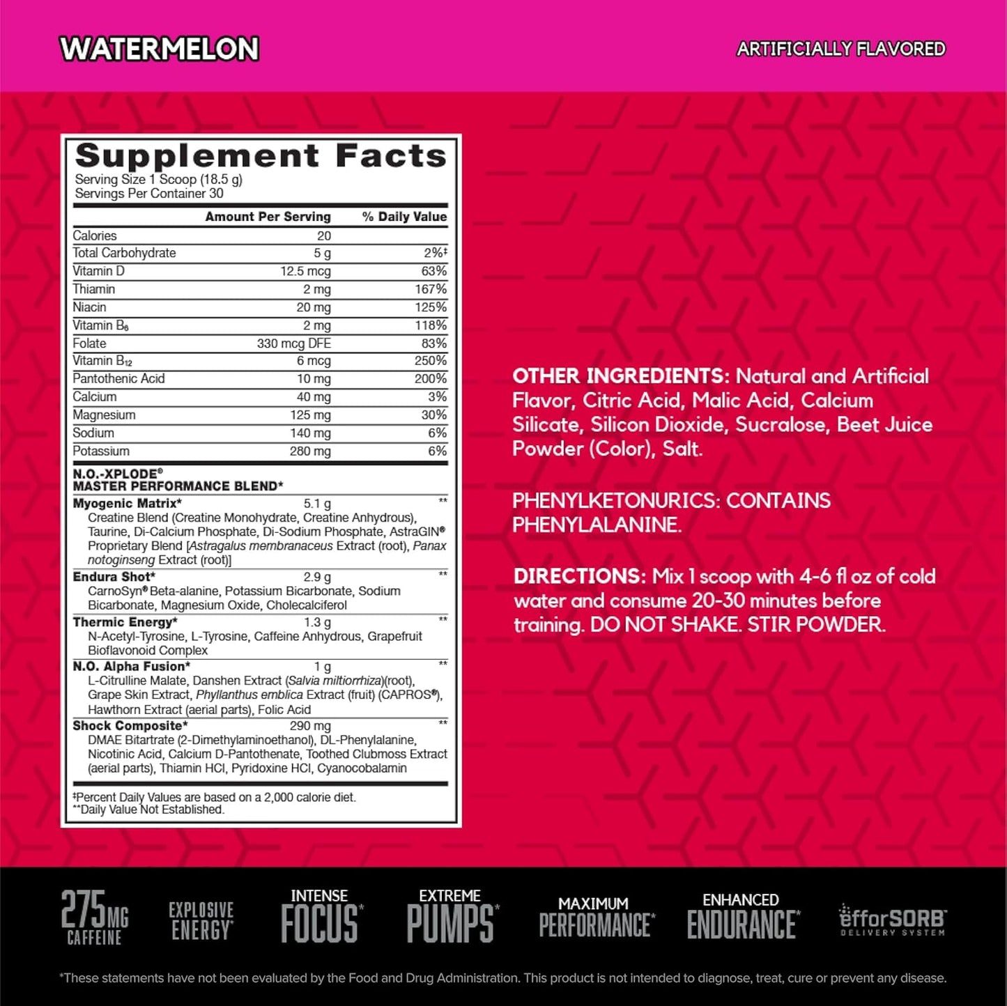 Watermelon Flavored BSN N.O.-XPLODE Pre Workout Powder with Creatine and Beta-Alanine - Energy Supplement for Men and Women, 30 Servings