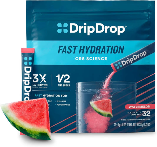 Watermelon Flavored Electrolyte Drink Mix Single Serve Packets - 32 Sticks | DripDrop Hydration Powder, Non-GMO, Gluten Free, Vegan