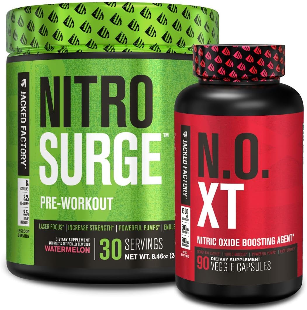Watermelon Flavored Jacked Factory Nitrosurge Pre-Workout & N.O. XT Nitric Oxide Booster for Men and Women