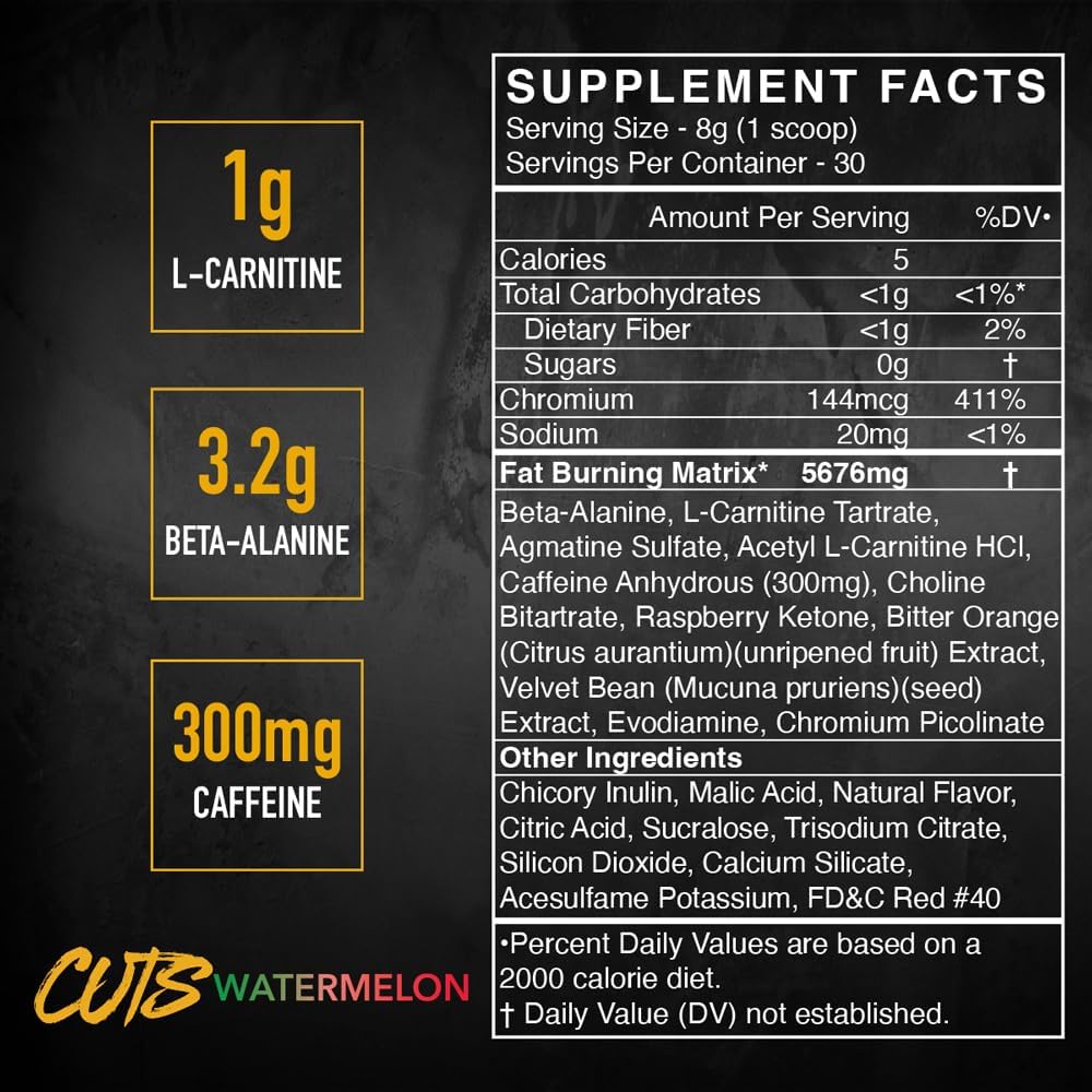 Watermelon Flavored Pre Workout Energy Drink Mix for Muscle Definition - Creatine Free Powdered Drink Mix, Thermogenic Formula for Men & Women - 30 Servings