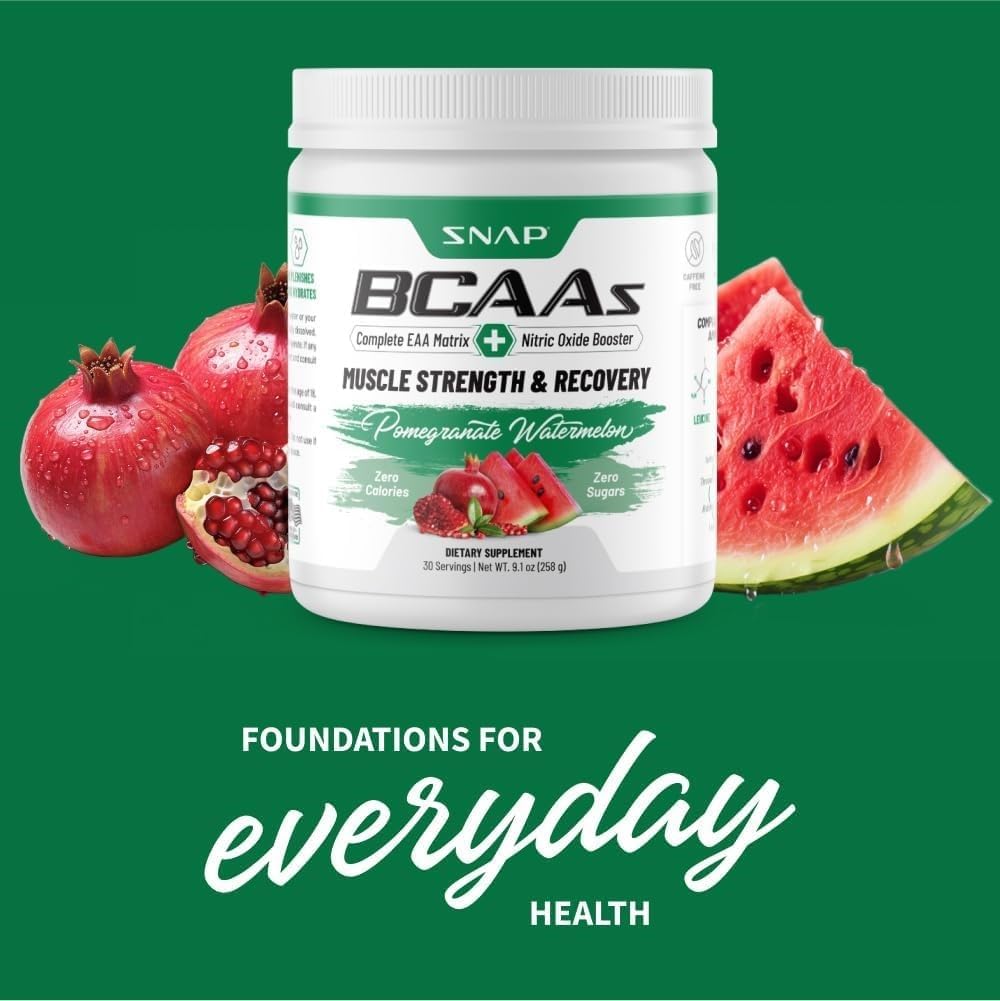 Watermelon Flavored Snap BCAA Powder - Amino Energy & Nitric Oxide Booster - Pre & Post Workout Supplement for Muscle Strength & Recovery (30 Servings)