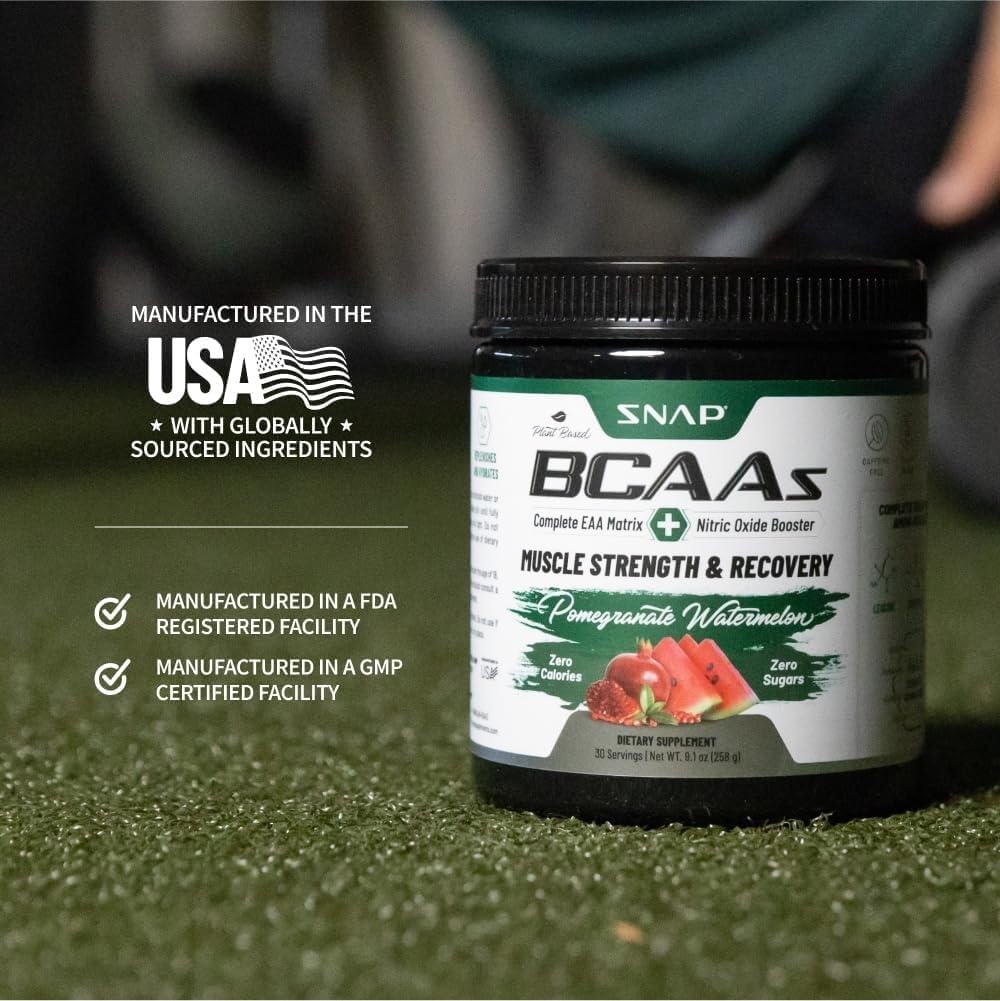Watermelon Flavored Snap BCAA Powder - Amino Energy & Nitric Oxide Booster - Pre & Post Workout Supplement for Muscle Strength & Recovery (30 Servings)