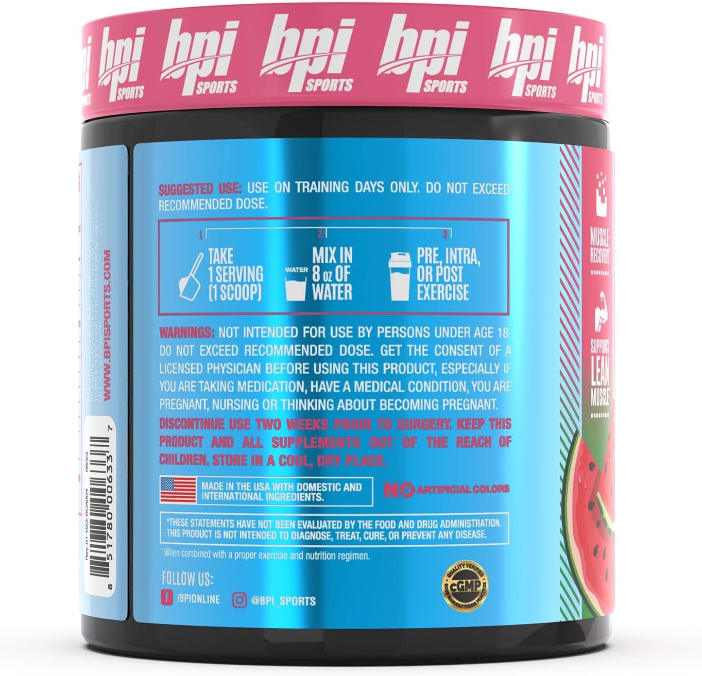 Watermelon Ice BPI Sports Best BCAA Powder for Post-Workout Hydration & Recovery - 30 Servings