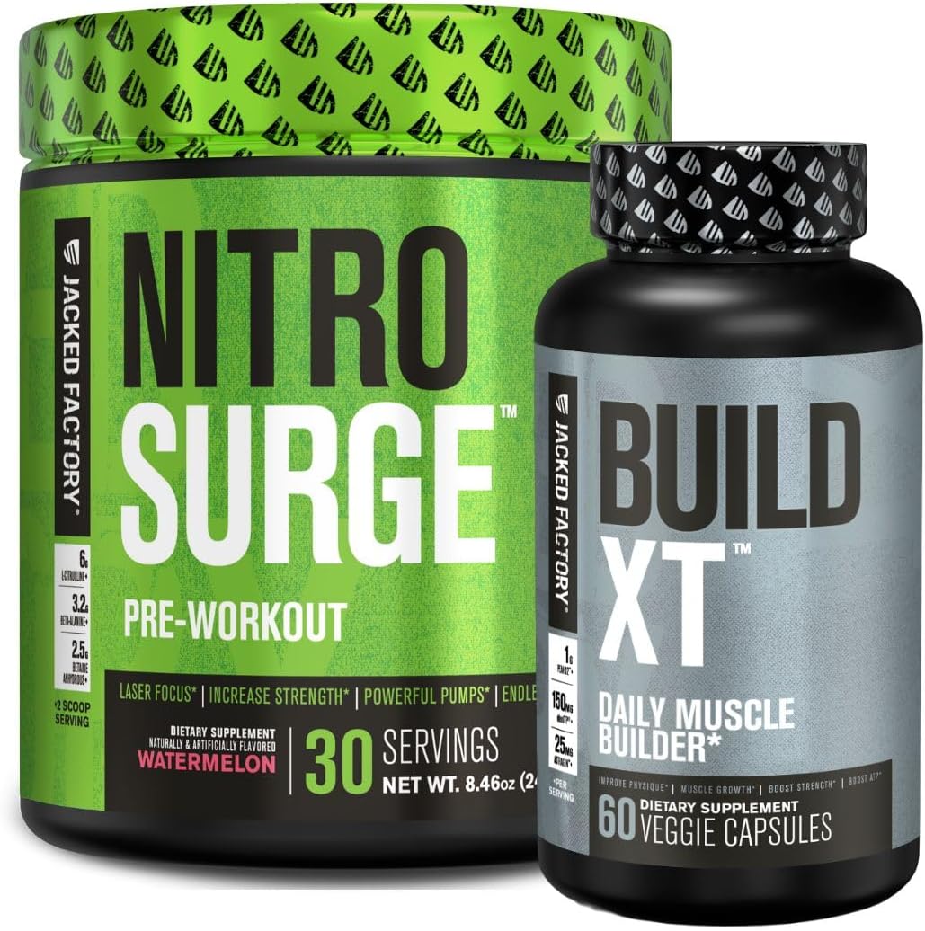 Watermelon Nitrosurge Pre-Workout & Build XT Muscle Building Bundle for Men and Women by Jacked Factory