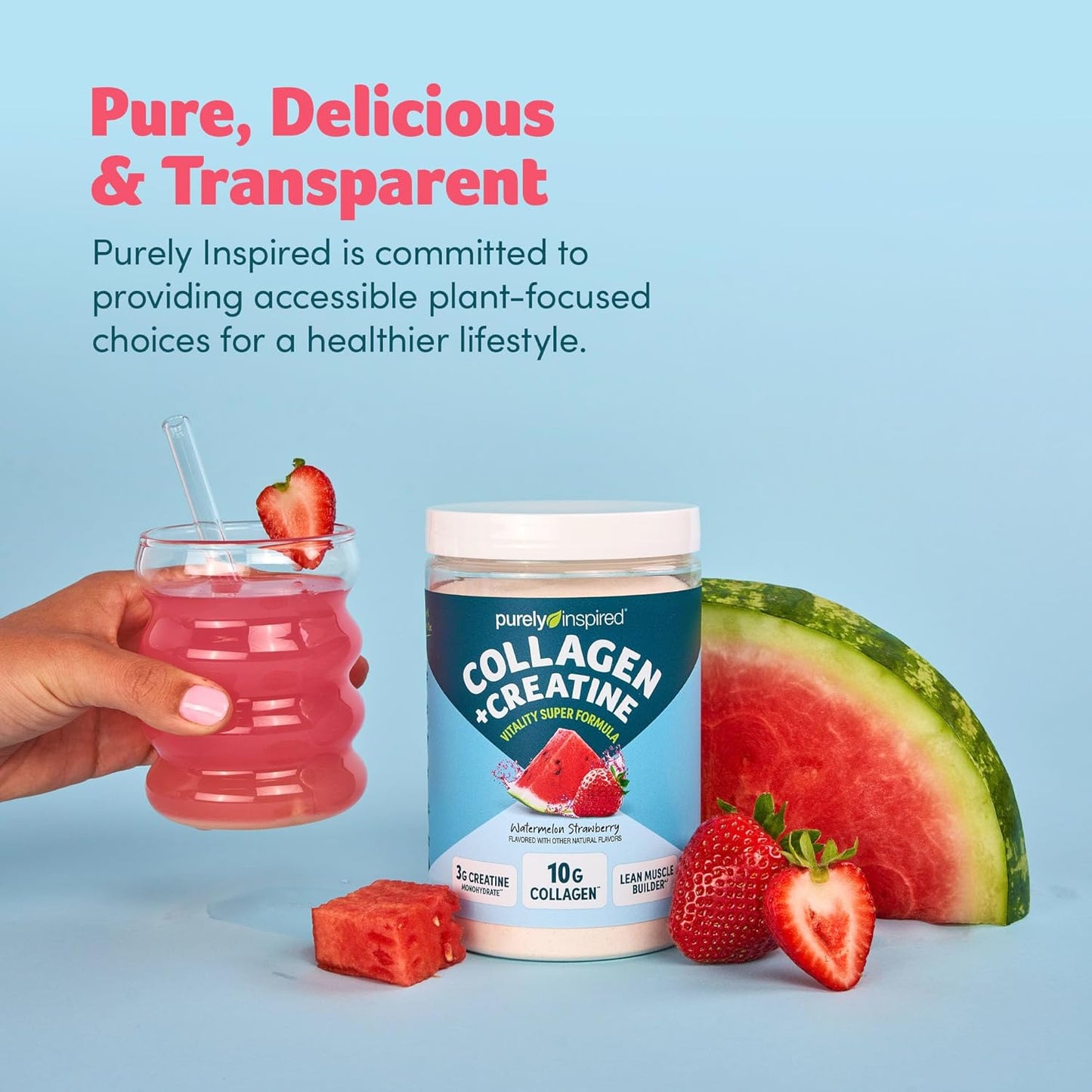 Watermelon Strawberry Flavored Collagen and Creatine Powder - 10g Collagen & 3g Creatine for Lean Muscle - Electrolyte-Rich Drink Mix - Gluten-Free & Zero Sugar