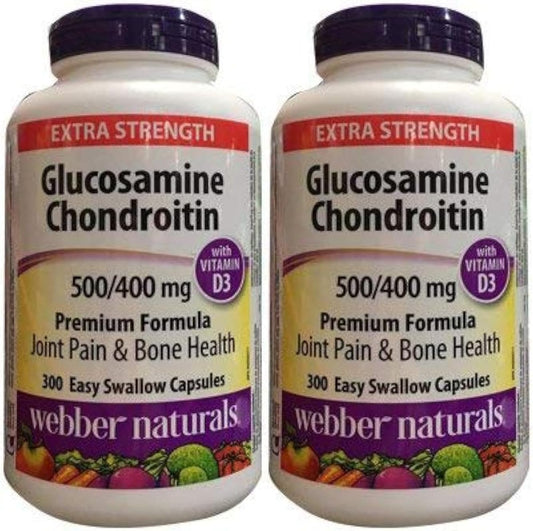 Webber Naturals Glucosamine Chondroitin with Vitamin D3, Extra Strength, 500/400 mg, Premium Formula - 2 Bottles, 300 Capsules