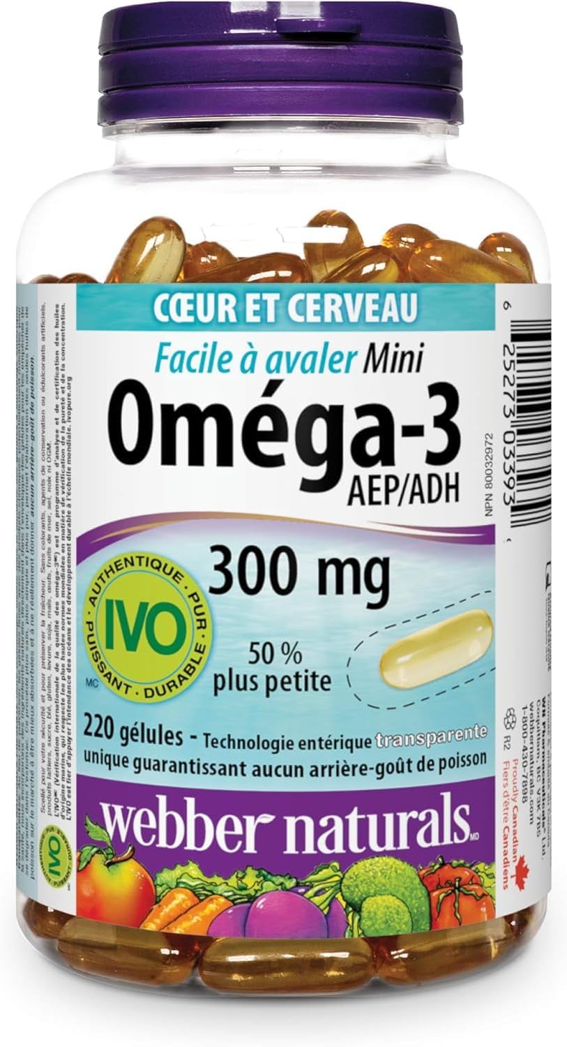 Webber Naturals Mini Omega-3 Softgels, Easy to Swallow, 300mg (180mg EPA/120mg DHA), 220 Count