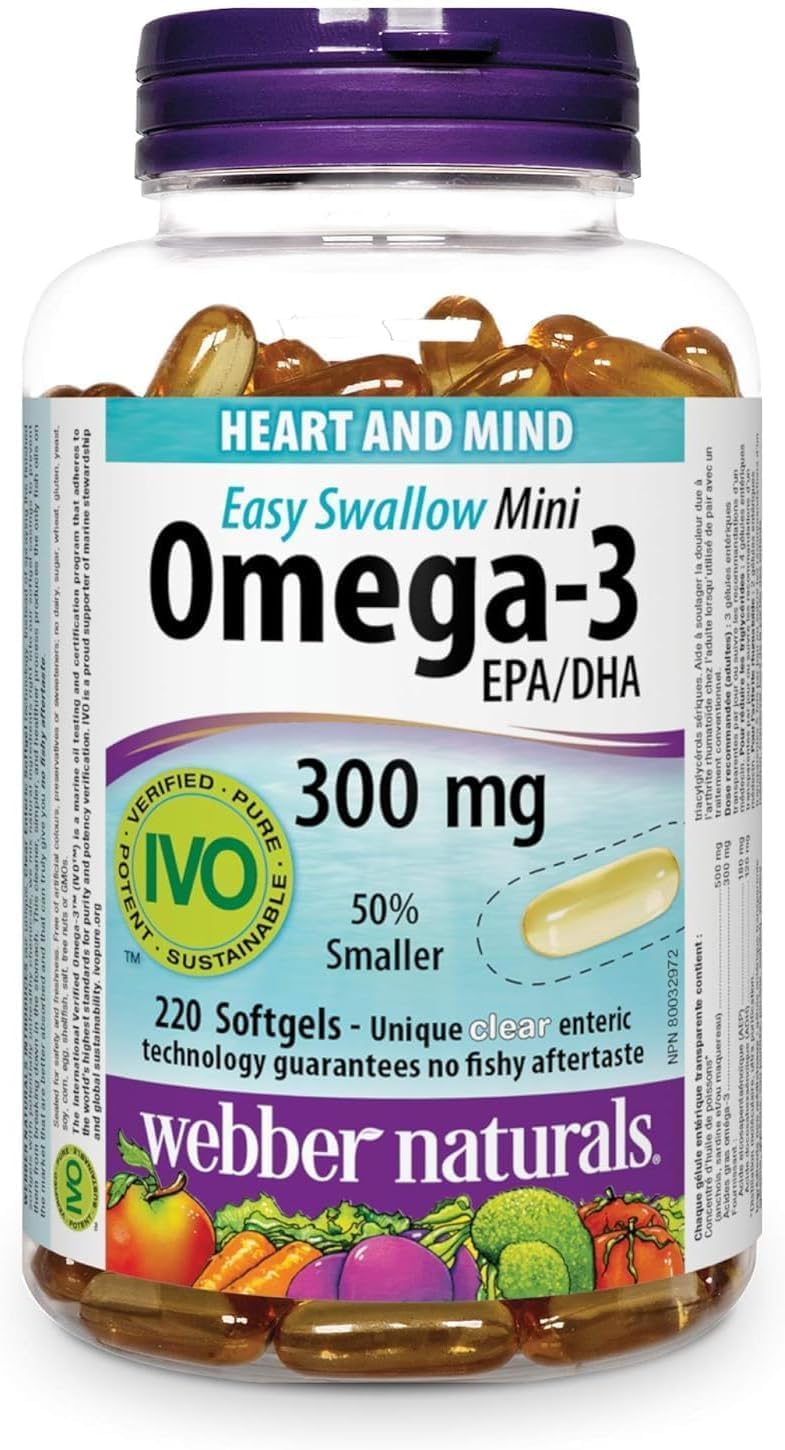 Webber Naturals Mini Omega-3 Softgels, Easy to Swallow, 300mg (180mg EPA/120mg DHA), 220 Count