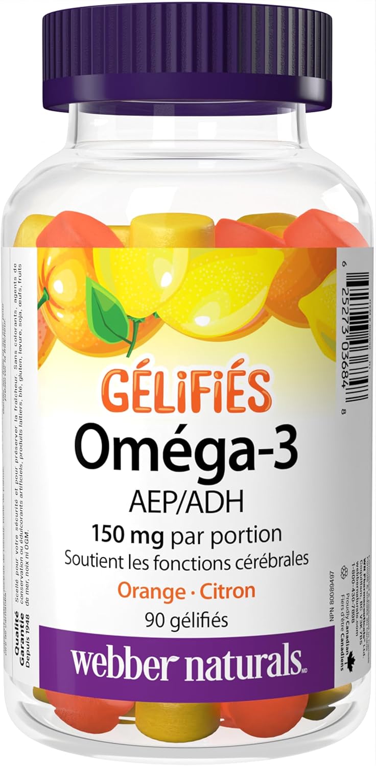 Webber Naturals Omega-3 Gummies 50 mg EPA/DHA, Orange, Cherry, Lemon, 90 Gummies - Delicious EPA/DHA Gummy Supplement