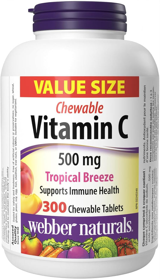 Webber Naturals Vitamin C Chewable Tablets - Tropical Breeze Flavor, 500 mg Per Tablet, Immune & Antioxidant Support, Non GMO & Gluten Free