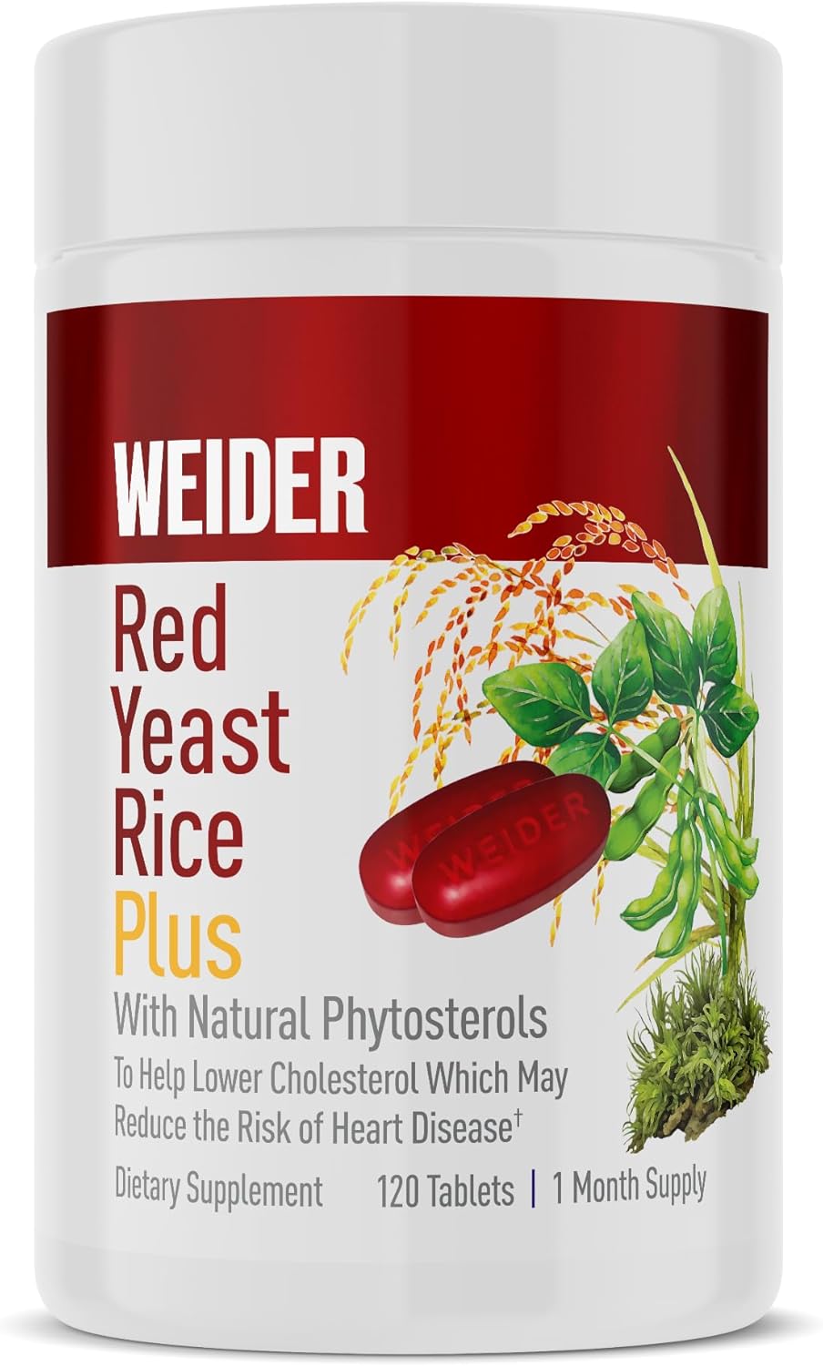 Weider Red Yeast Rice Plus 1200mg with 850mg Natural Phytosterols - Gluten-Free - 30 Day Supply