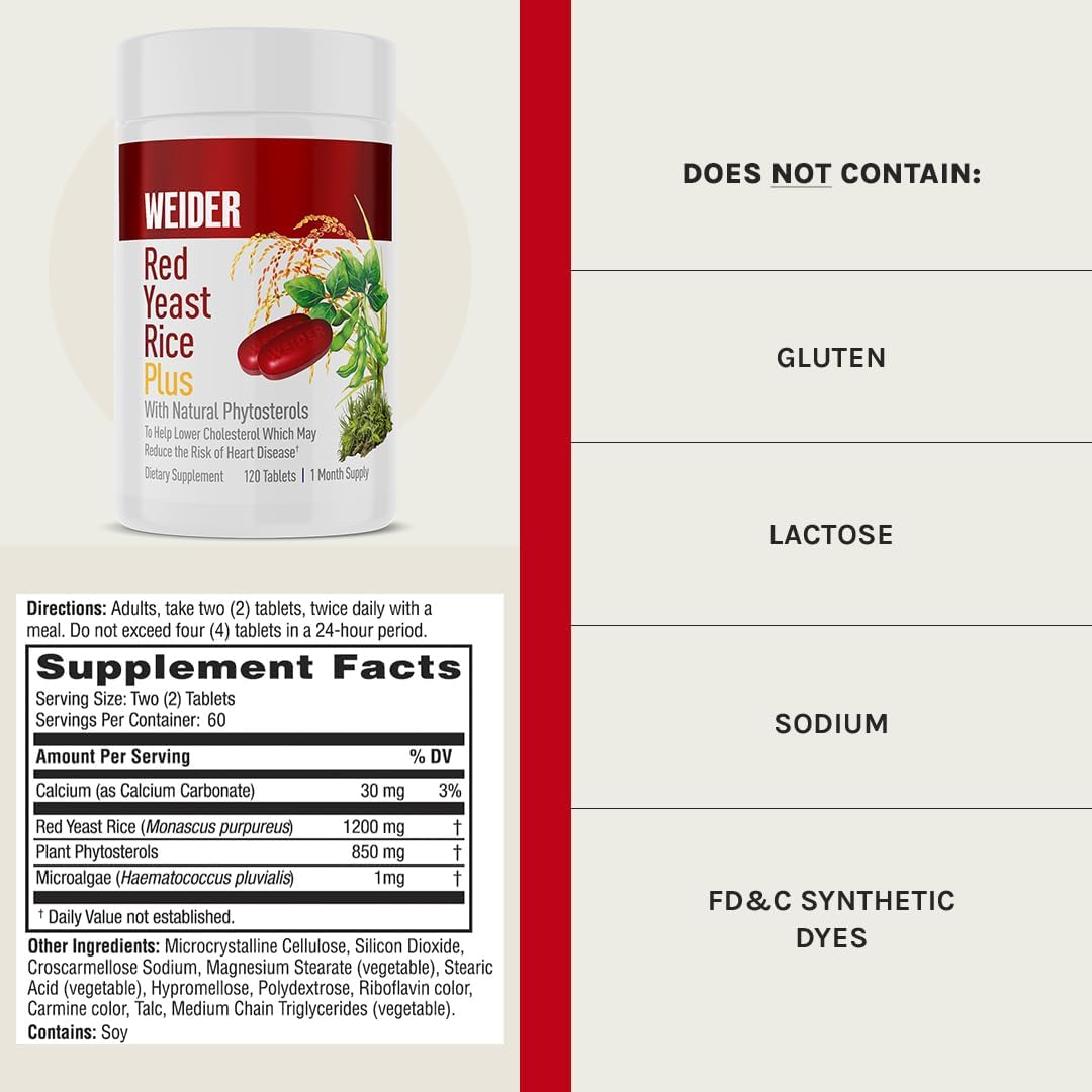 Weider Red Yeast Rice Plus 1200mg with 850mg Natural Phytosterols - Gluten-Free - 30 Day Supply