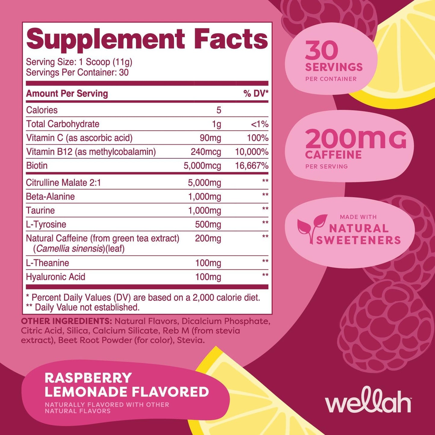 Wellah Get-Going Pre-Workout Drink Mix - Raspberry Lemonade Flavor, 30 Servings