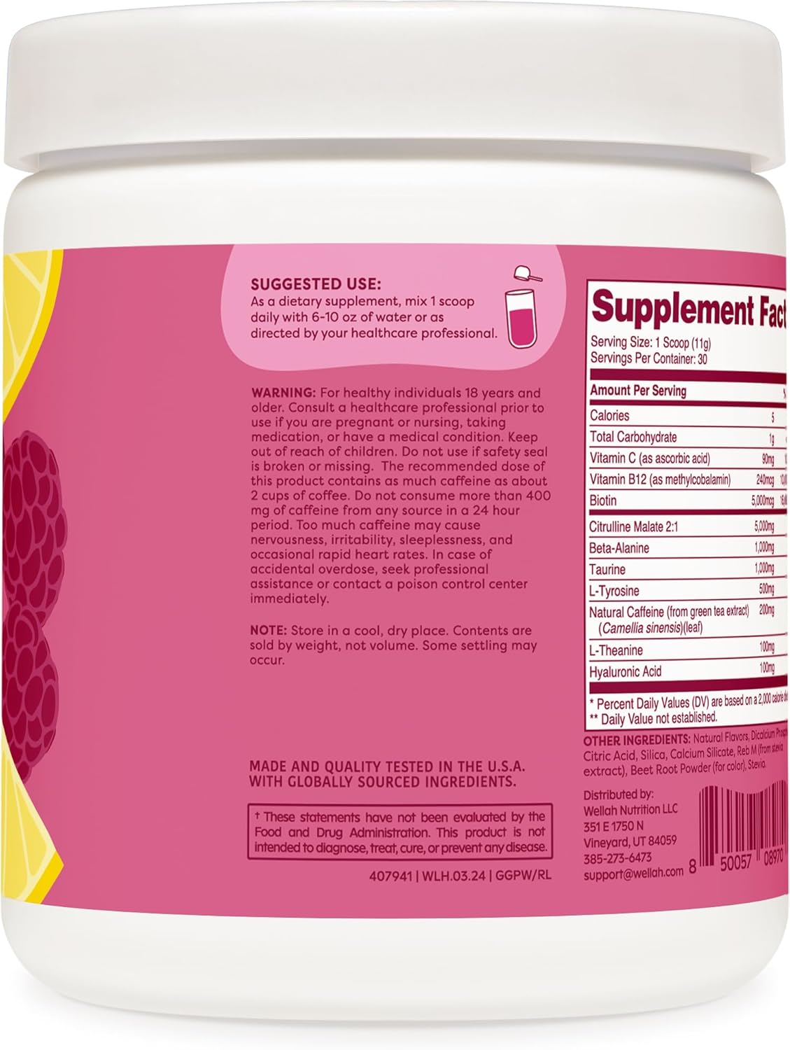 Wellah Get-Going Pre-Workout Drink Mix - Raspberry Lemonade Flavor, 30 Servings