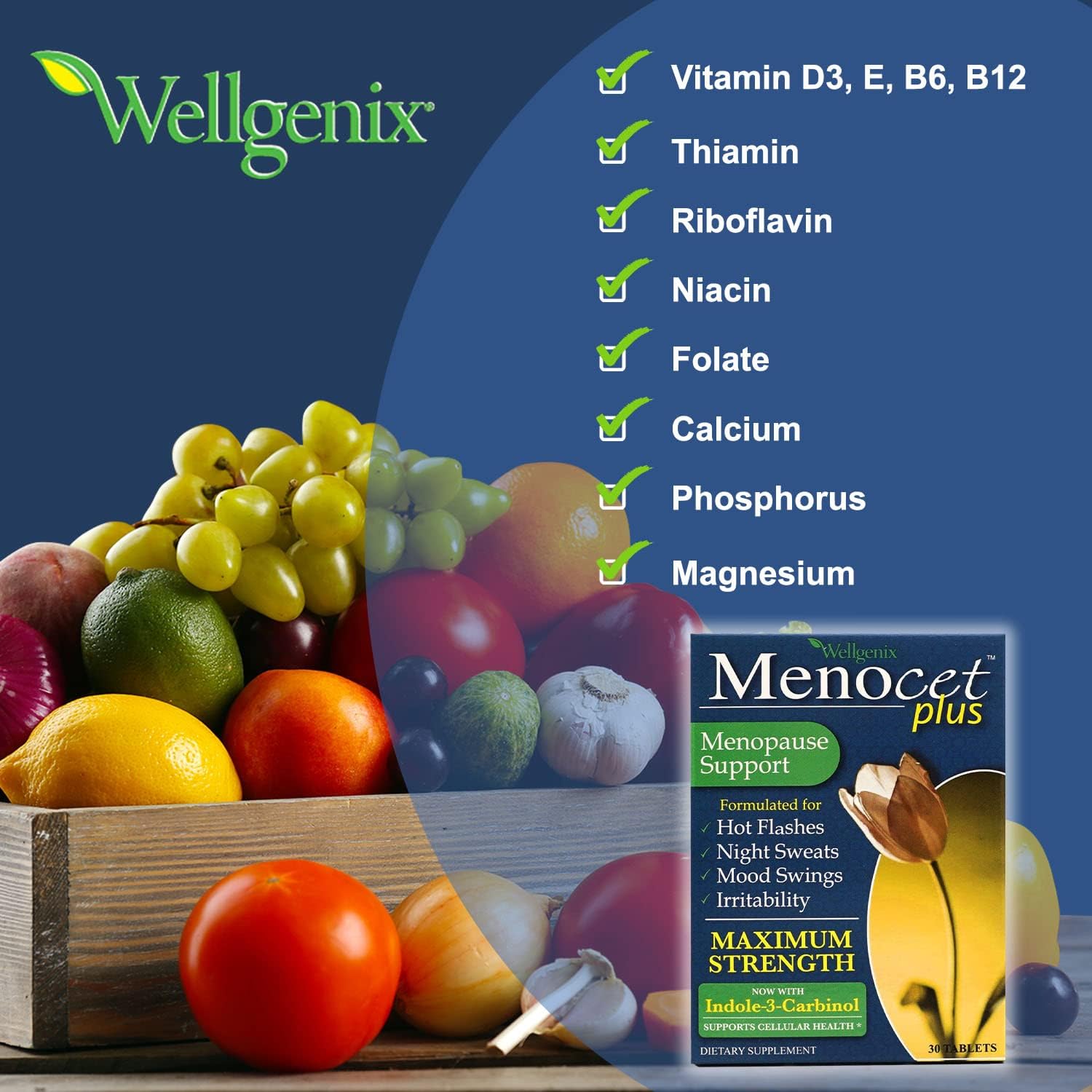 Wellgenix Menocet Plus Menopause Support - Complete Relief Supplement for Hot Flashes, Night Sweats, Mood Swings & Irritability - 60 Tablets