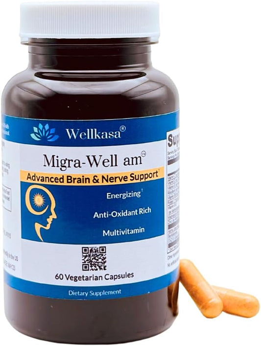 Wellkasa Migra-Well AM: Iron-Free Multivitamin for Energy, Brain & Nerve Health (60 Capsules)