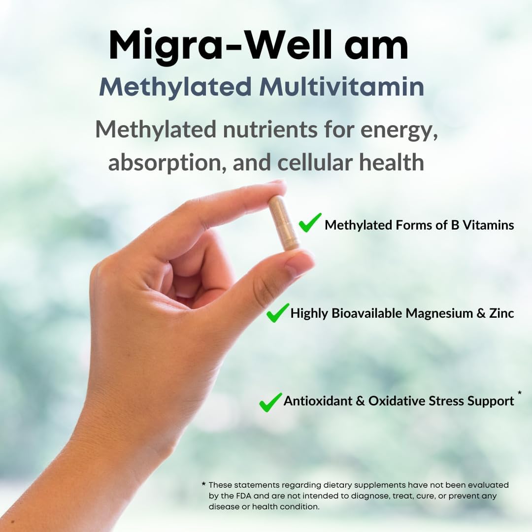 Wellkasa Migra-Well AM: Iron-Free Multivitamin for Energy, Brain & Nerve Health (60 Capsules)