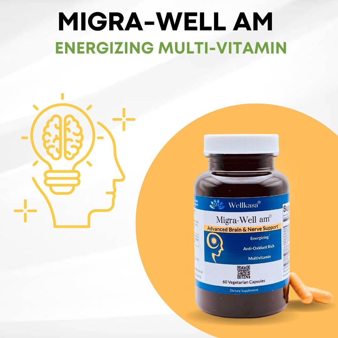 Wellkasa Migra-Well AM: Iron-Free Multivitamin for Energy, Brain & Nerve Health (60 Capsules)