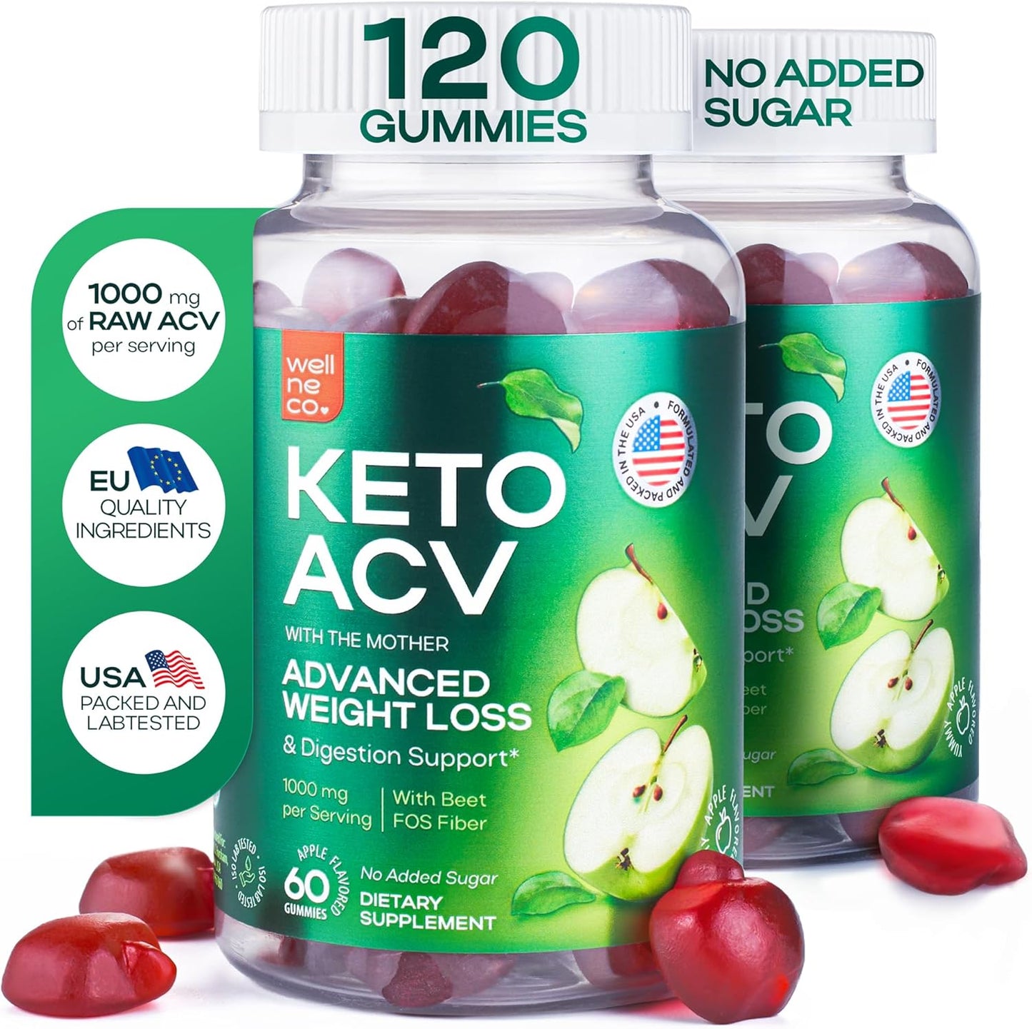 Wellneco Keto Apple Cider Vinegar Gummies 1000 Mg - Weight Loss, Digestion, Metabolism - Beet Fiber Supplement Kelly Clarkson - Men and Women - Sugar Free