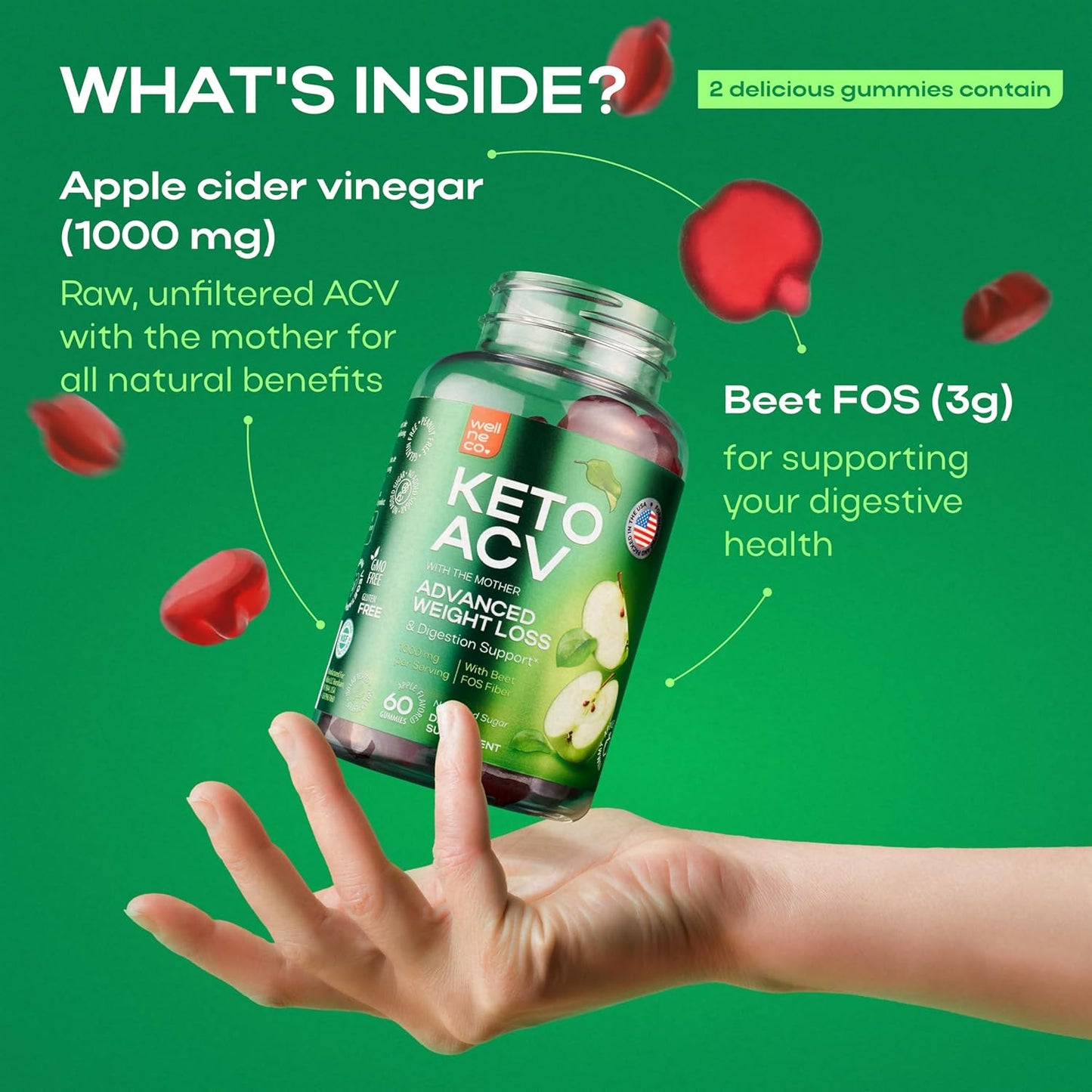 Wellneco Keto Apple Cider Vinegar Gummies 1000 Mg - Weight Loss, Digestion, Metabolism - Beet Fiber Supplement Kelly Clarkson - Men and Women - Sugar Free