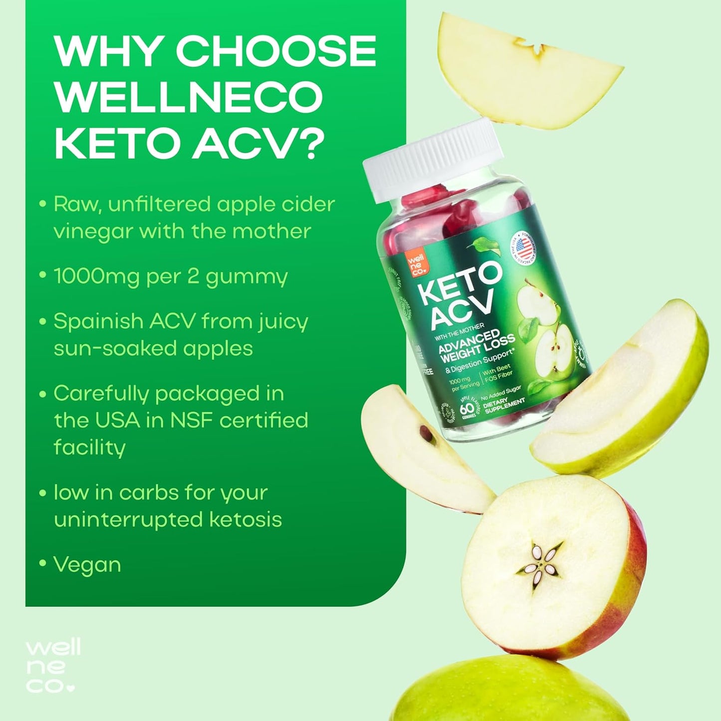Wellneco Keto Apple Cider Vinegar Gummies 1000 Mg - Weight Loss, Digestion, Metabolism - Beet Fiber Supplement Kelly Clarkson - Men and Women - Sugar Free