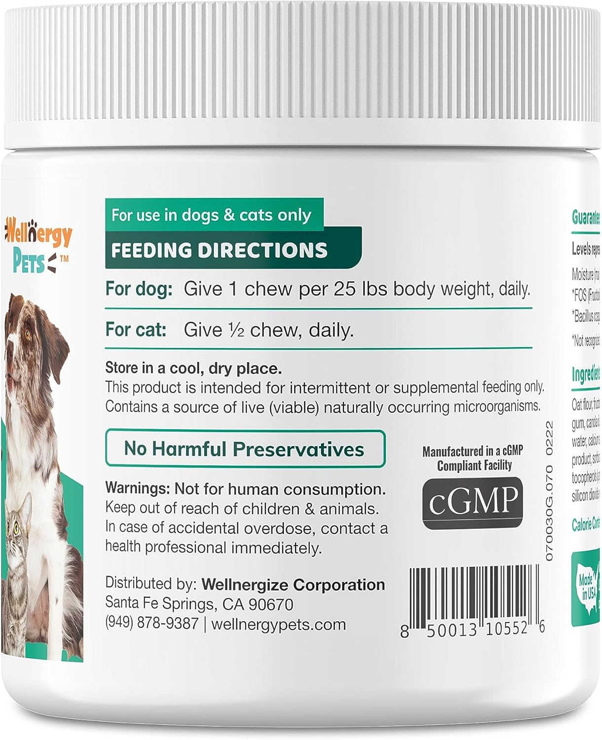 Wellnergy Pets Daily Probiotic Soft Chews for Dogs & Cats - Digestive Support for Diarrhea, Constipation, Upset Stomach, Indigestion & Gas - Promotes Digestion, Skin Health & Immune System - 70ct