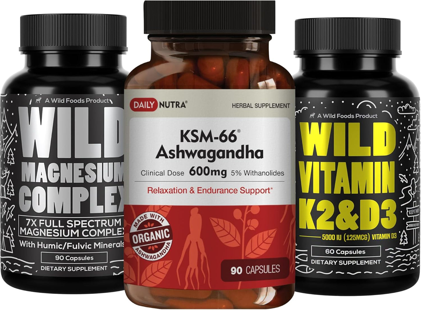 Wellness Bundle: KSM 66 Ashwagandha, Magnesium Complex, Vitamin D3K2 - 240 Capsules