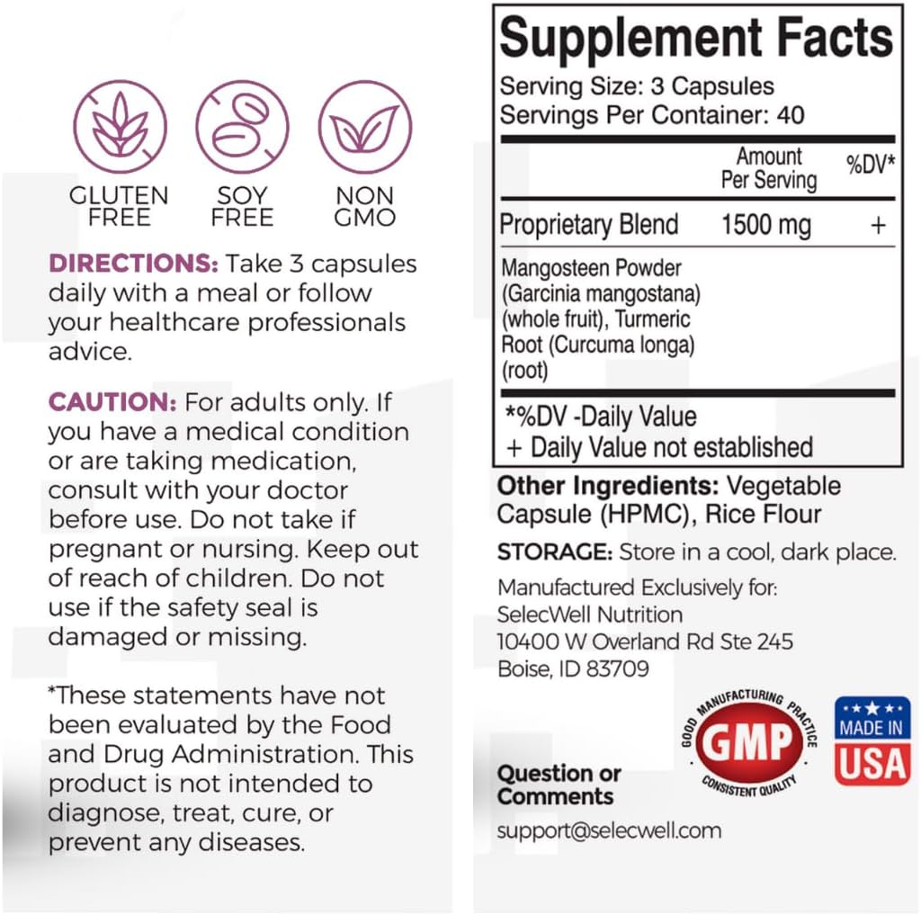 Wellness Formula: Mangosteen & Turmeric Capsules for Joint & Digestive Support | Natural Ingredients | 120 Veg Caps, 1500mg/serv