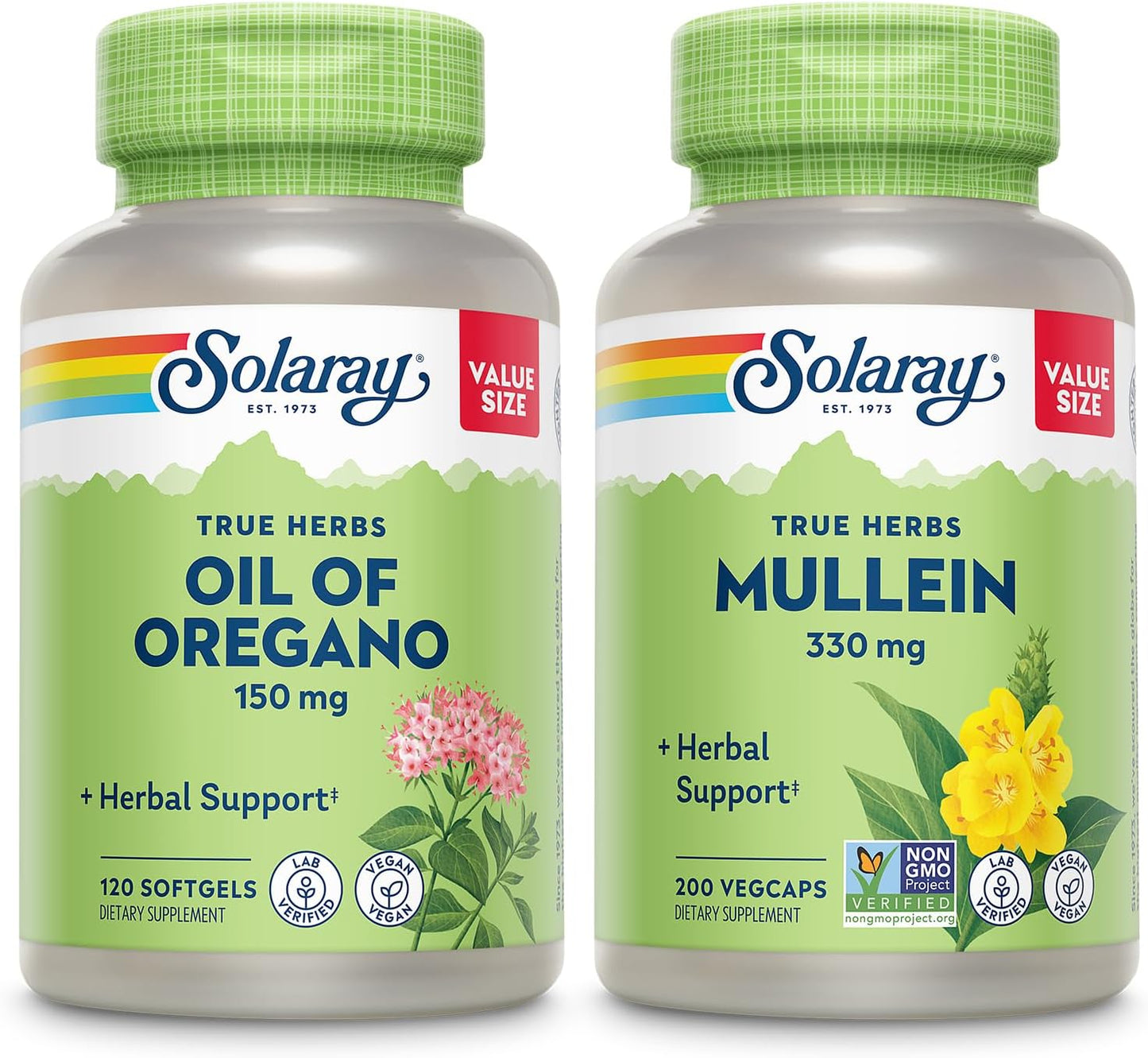 Wellness Support Bundle: Solaray Oregano Oil & Mullein Leaf Capsules - 150mg Oregano Oil & 330mg Mullein - Vegan Formula for Overall Health - 60-Day Guarantee - 120ct/180ct