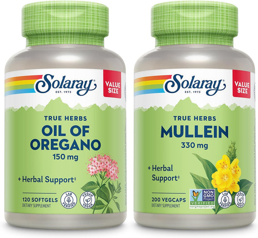 Wellness Support Bundle: Solaray Oregano Oil & Mullein Leaf Capsules - 150mg Oregano Oil & 330mg Mullein - Vegan Formula for Overall Health - 60-Day Guarantee - 120ct/180ct