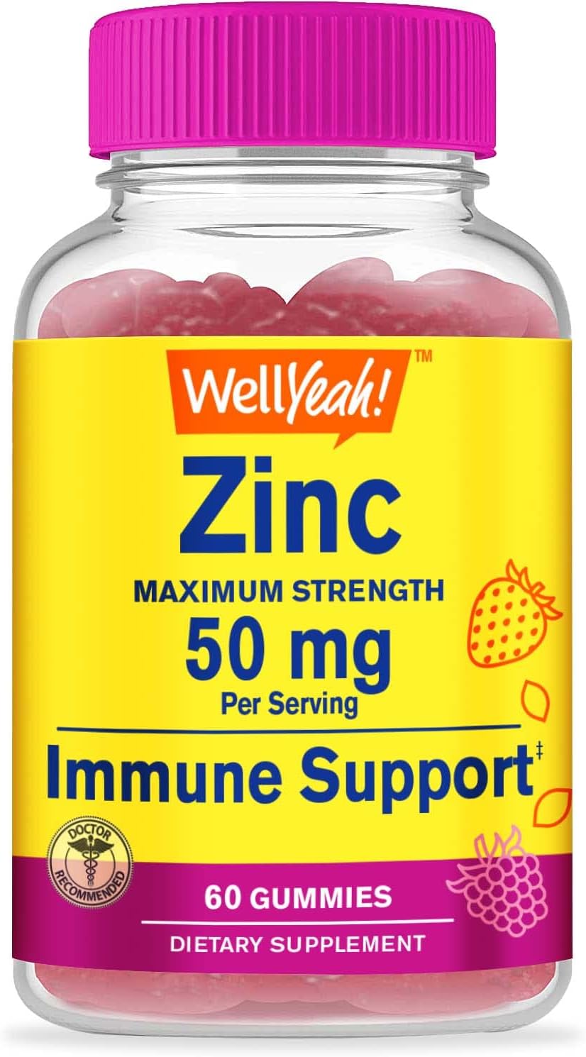 WellYeah 50 mg Zinc Gummies - Boosts Immune System and Antioxidant Health - Berry Flavor - Gluten-Free, GMO-Free - 60 Chewable Gummies