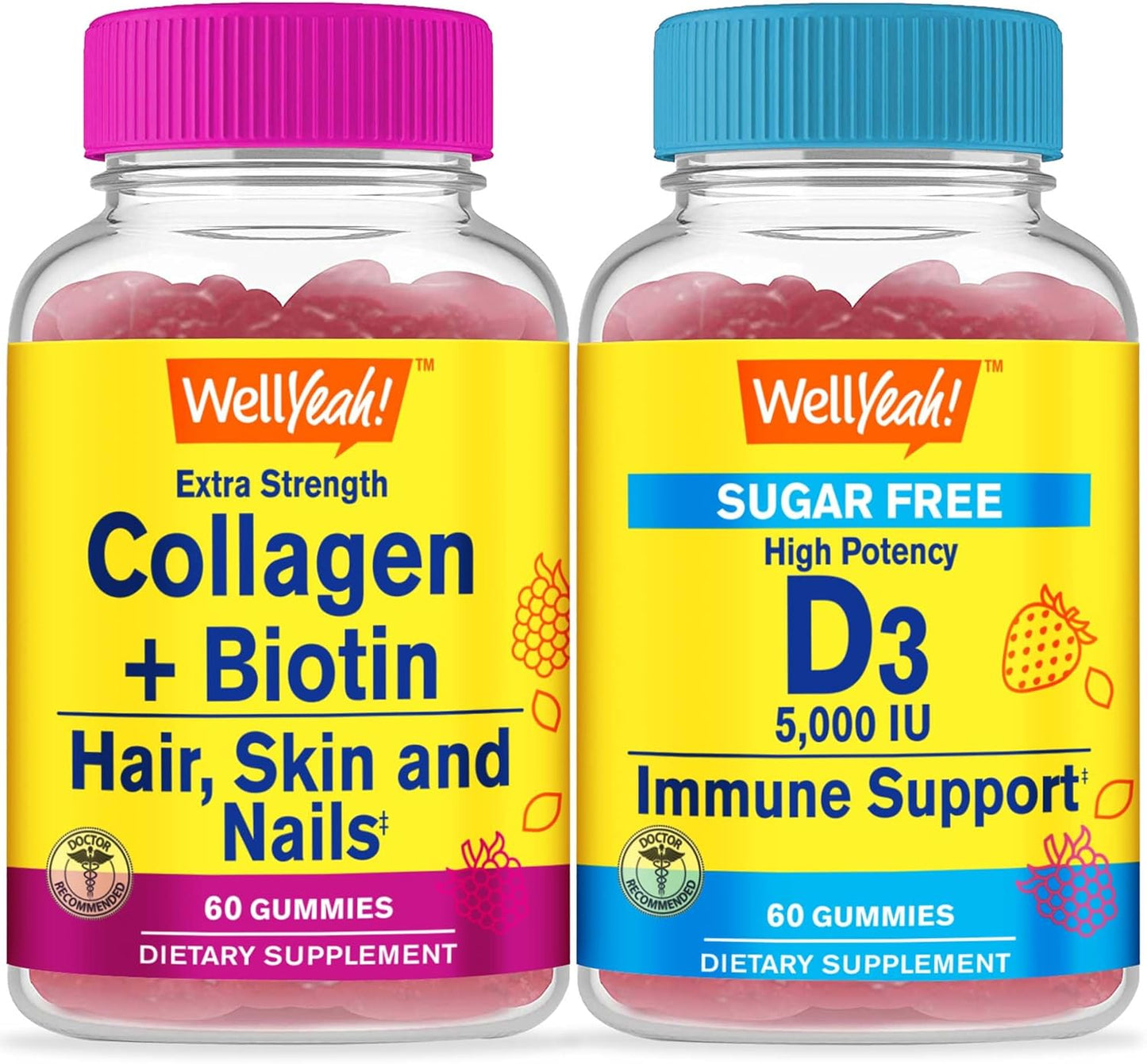 WellYeah Collagen Biotin and Vitamin D3 Gummies Bundle - Sugar Free, Great Tasting Vitamin Supplement - Gluten Free GMO Free Chewable Gummy with 5,000 IU