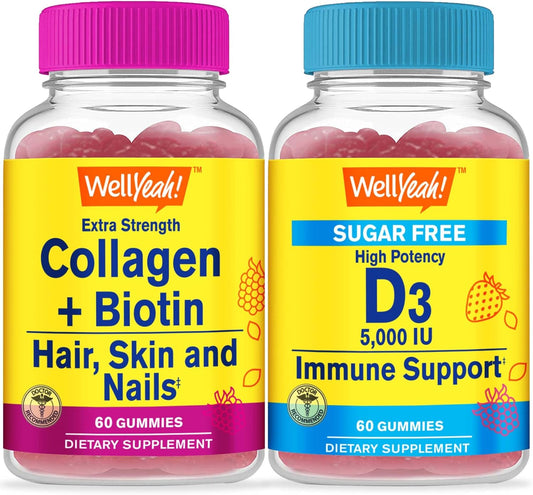 WellYeah Collagen Biotin and Vitamin D3 Gummies Bundle - Sugar Free, Great Tasting Vitamin Supplement - Gluten Free GMO Free Chewable Gummy with 5,000 IU