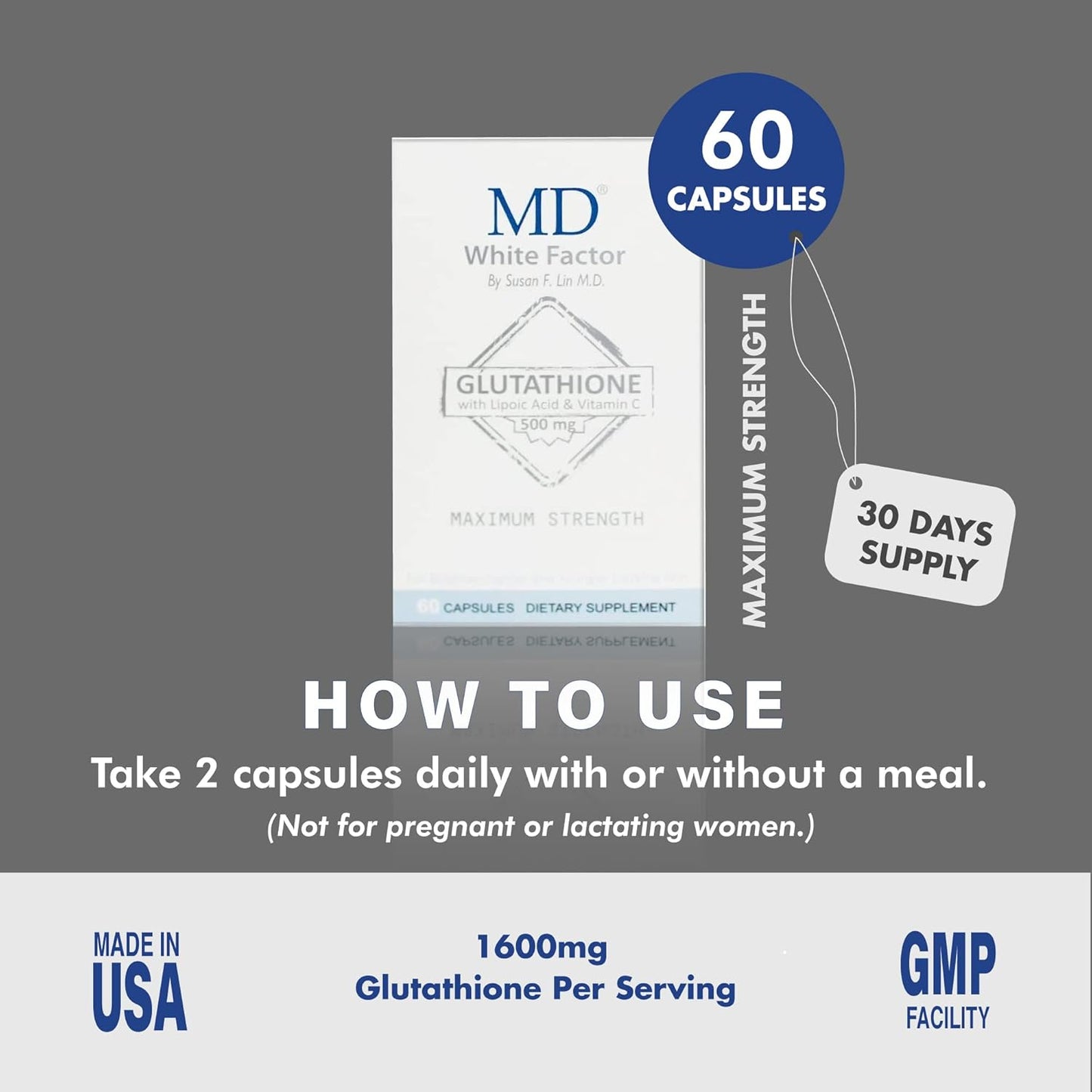 White Factor Glutathione Supplement with Antioxidants, Vitamin C, and Lipoic Acid (60 Capsules)