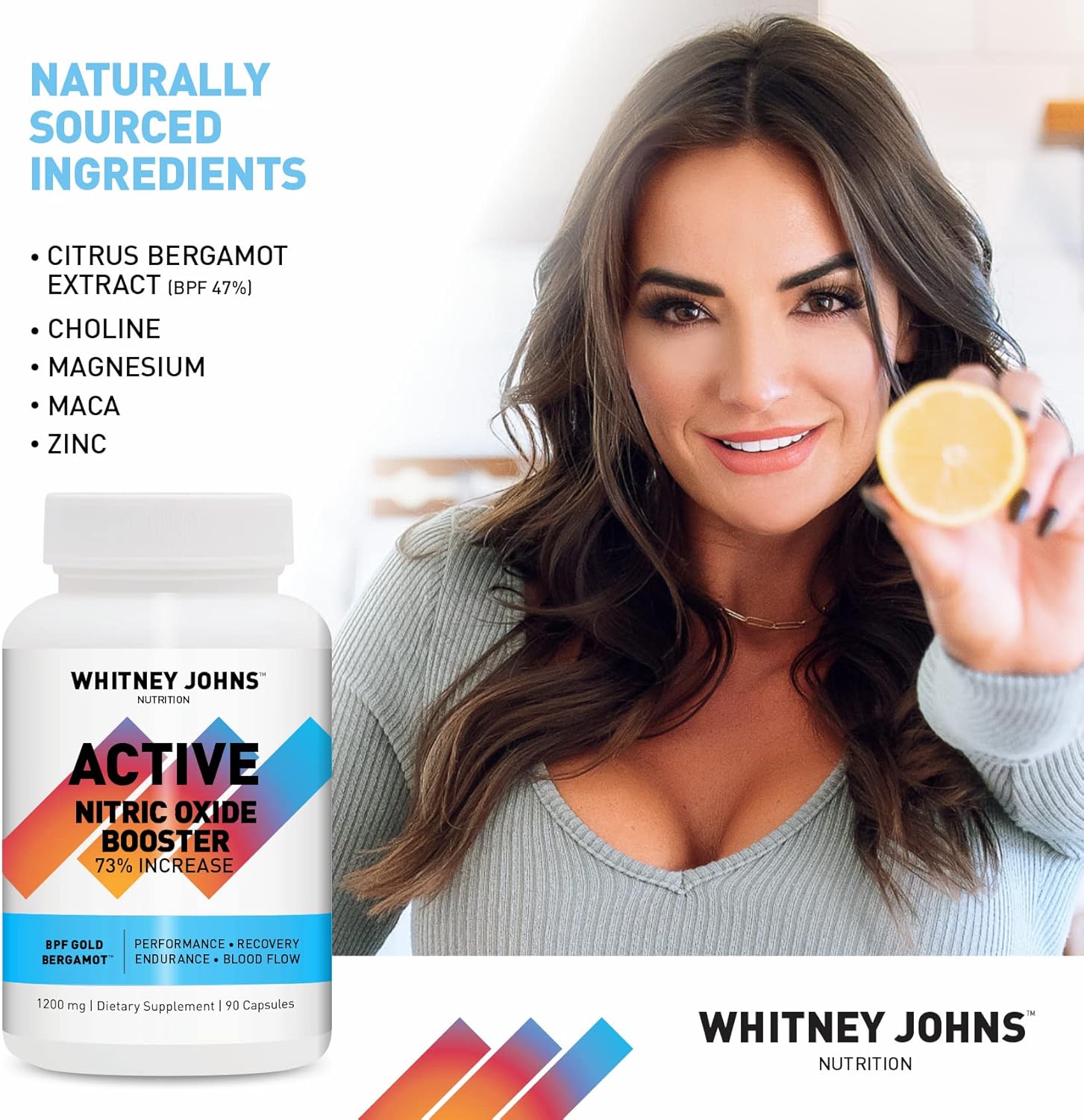 Whitney Johns Nitric Active: Clinically Tested Nitric Oxide Booster for Natural Energy and Athletic Performance - 90 Capsules