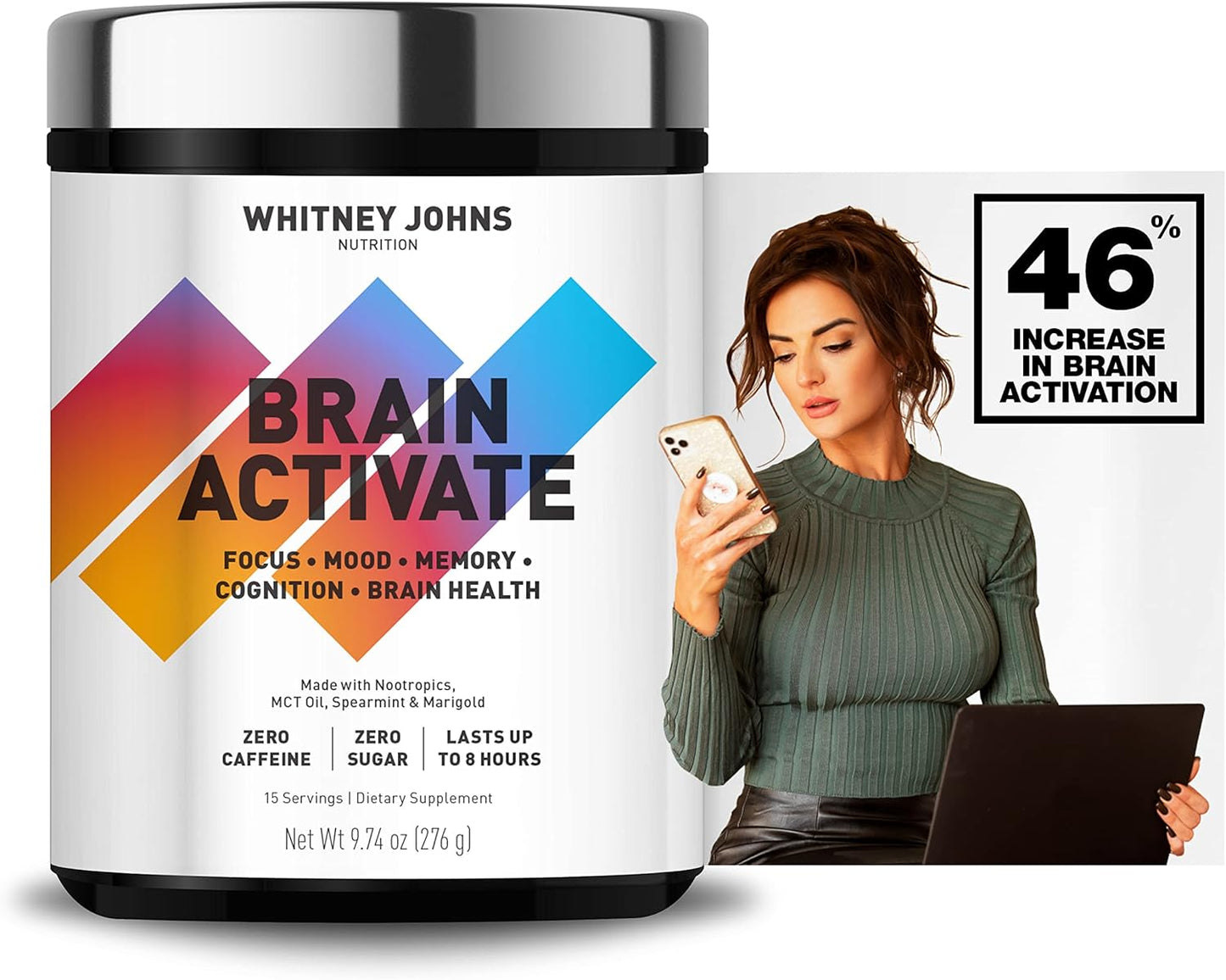 Whitney Johns Nootropic Brain Booster Supplement for Memory & Focus with Unique MCT C8 - Zero Sugar & Caffeine, 2 Tubs
