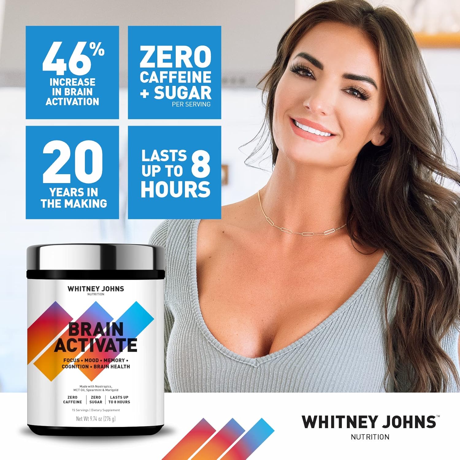 Whitney Johns Nootropic Brain Booster Supplement for Memory & Focus with Unique MCT C8 - Zero Sugar & Caffeine, 2 Tubs