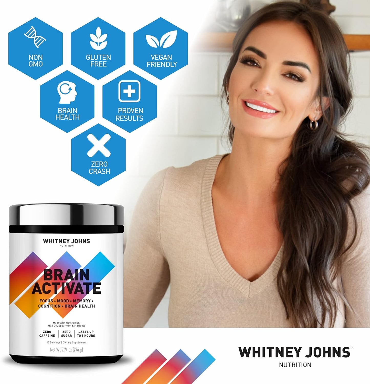 Whitney Johns Nootropic Brain Booster Supplement for Memory & Focus with Unique MCT C8 - Zero Sugar & Caffeine, 2 Tubs