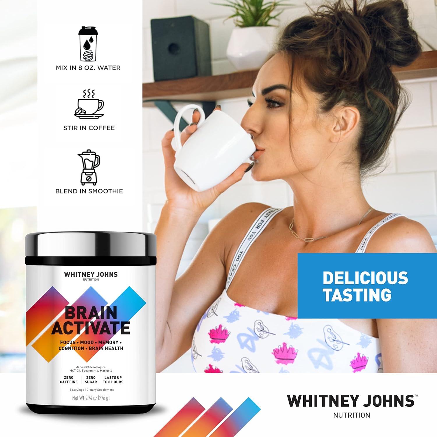Whitney Johns Nootropic Brain Booster Supplement for Memory & Focus with Unique MCT C8 - Zero Sugar & Caffeine, 2 Tubs