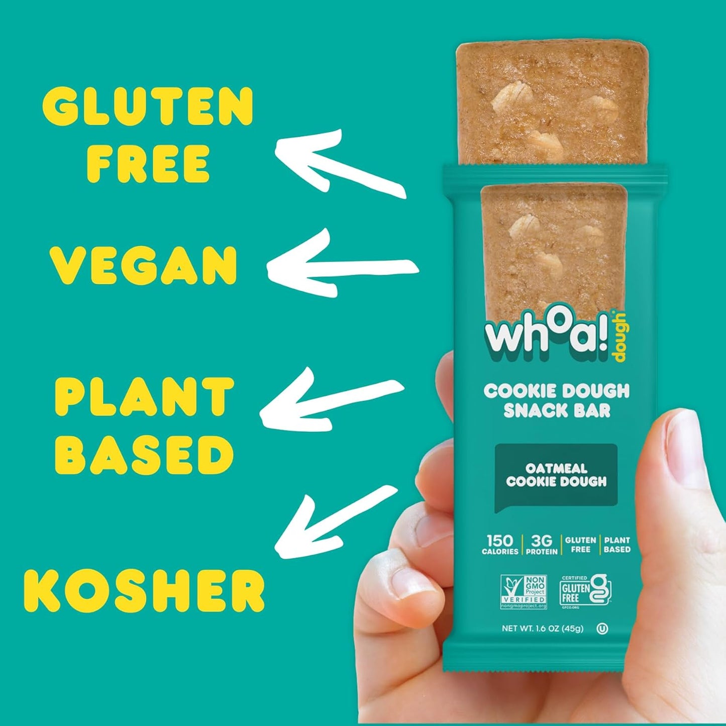 Whoa Dough Edible Cookie Dough Bars - Non-GMO, Kosher, Gluten Free - Healthy Snack Foods - Plant Based Real Ingredients - Oatmeal Cookie Dough - 10 Pack