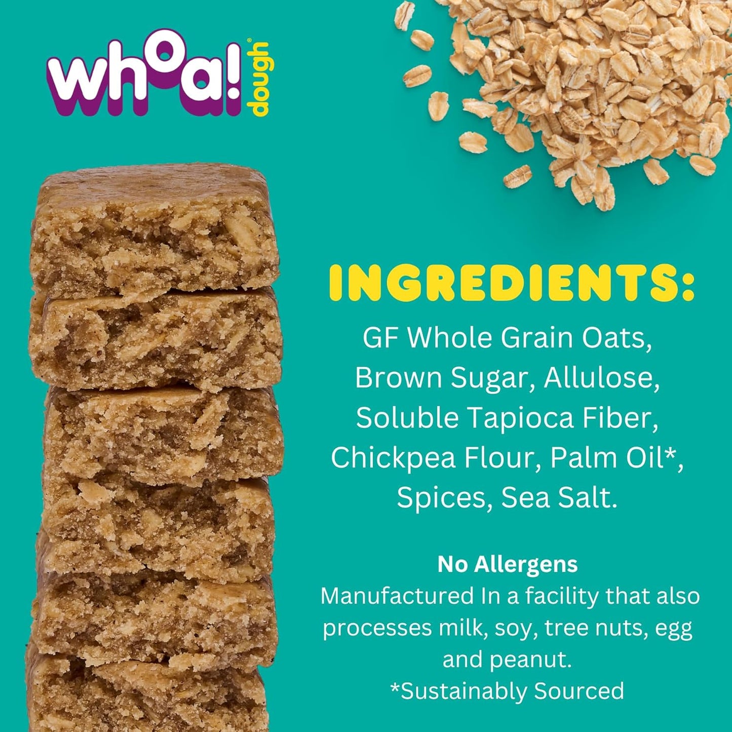 Whoa Dough Edible Cookie Dough Bars - Non-GMO, Kosher, Gluten Free - Healthy Snack Foods - Plant Based Real Ingredients - Oatmeal Cookie Dough - 10 Pack
