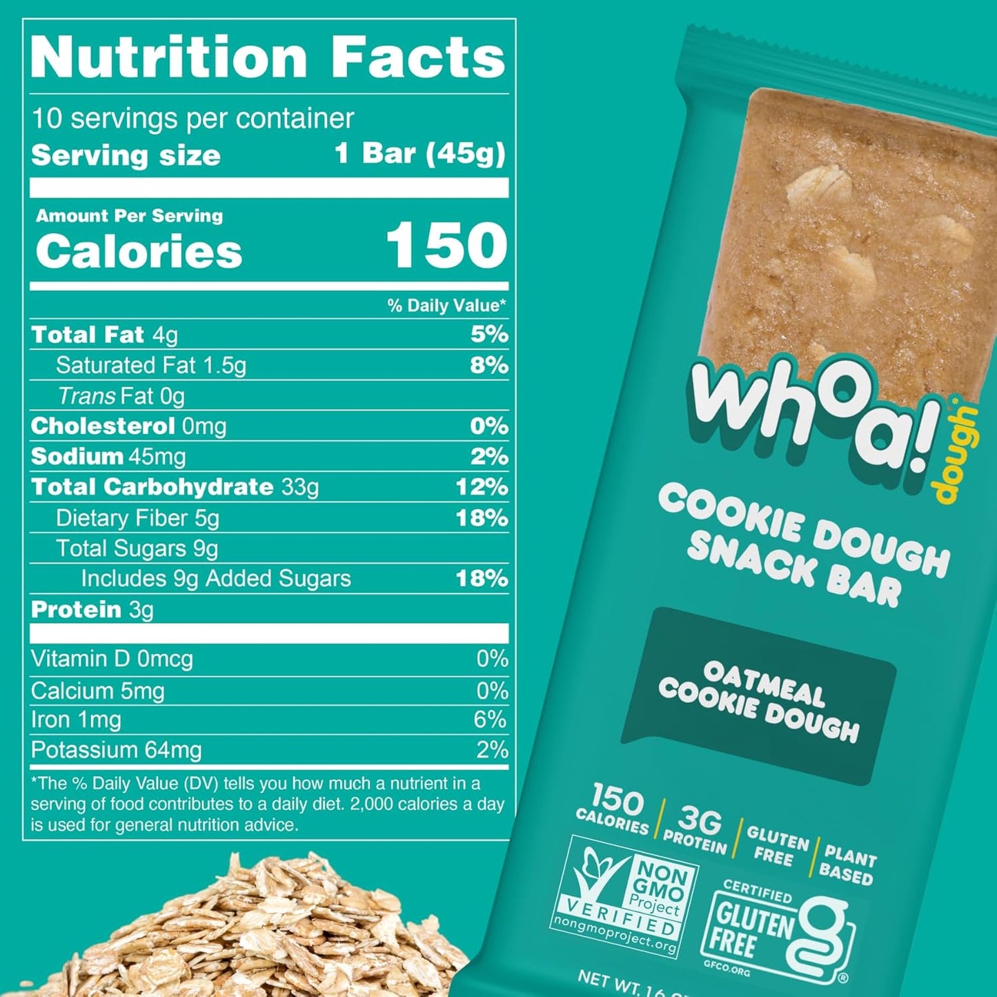 Whoa Dough Edible Cookie Dough Bars - Non-GMO, Kosher, Gluten Free - Healthy Snack Foods - Plant Based Real Ingredients - Oatmeal Cookie Dough - 10 Pack
